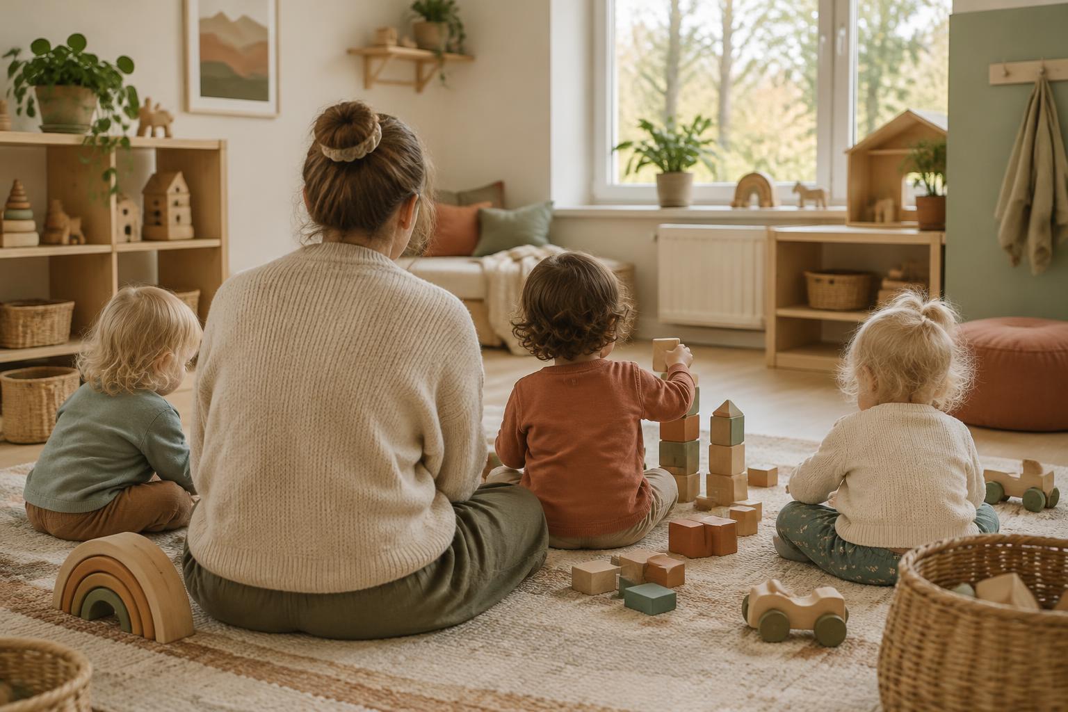 Sfeerbeeld van een begeleidster die met peuters speelt