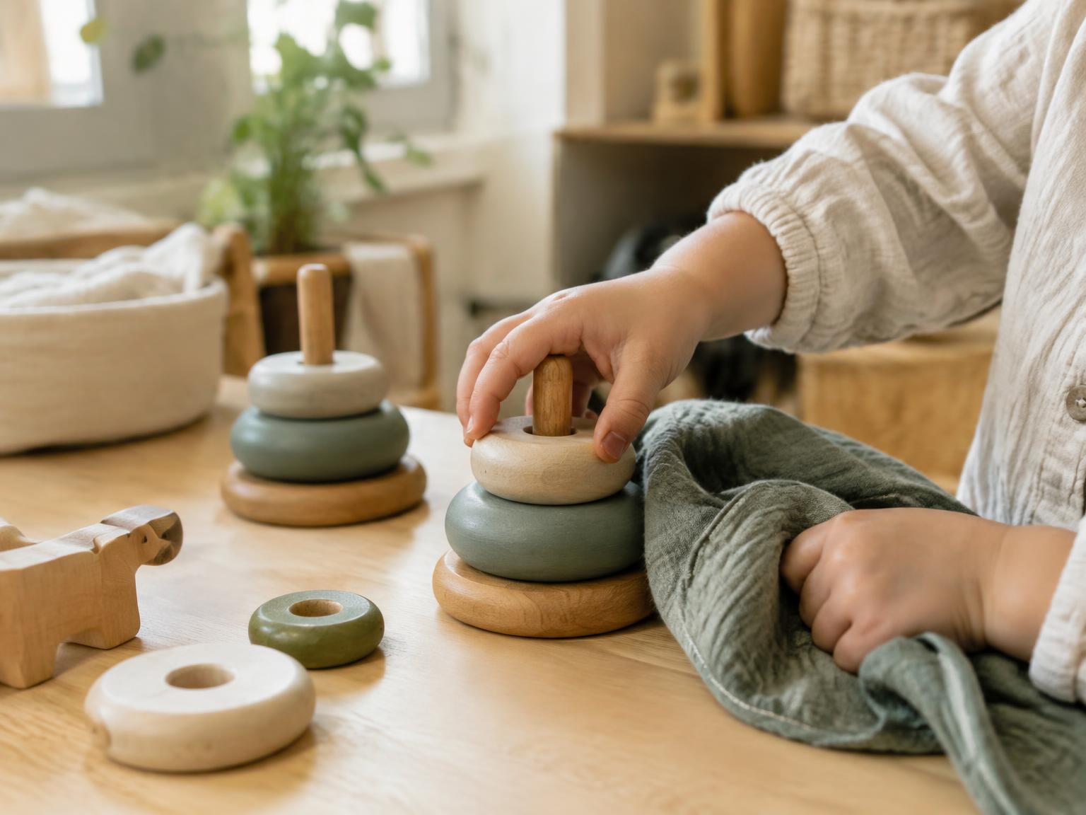Sfeerbeeld van kinderhanden die met houten speelgoed spelen